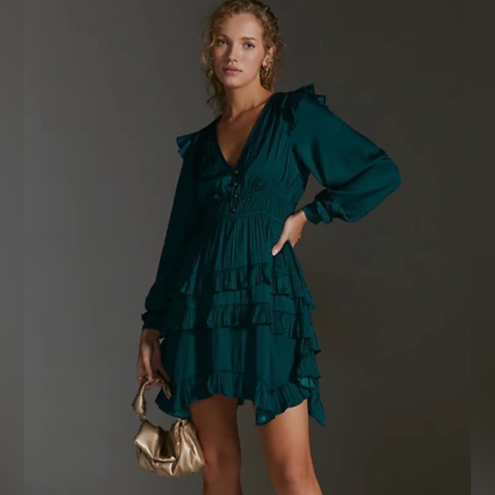 by Anthropologie Tiered Ruffle Mini Dress Emerald Green